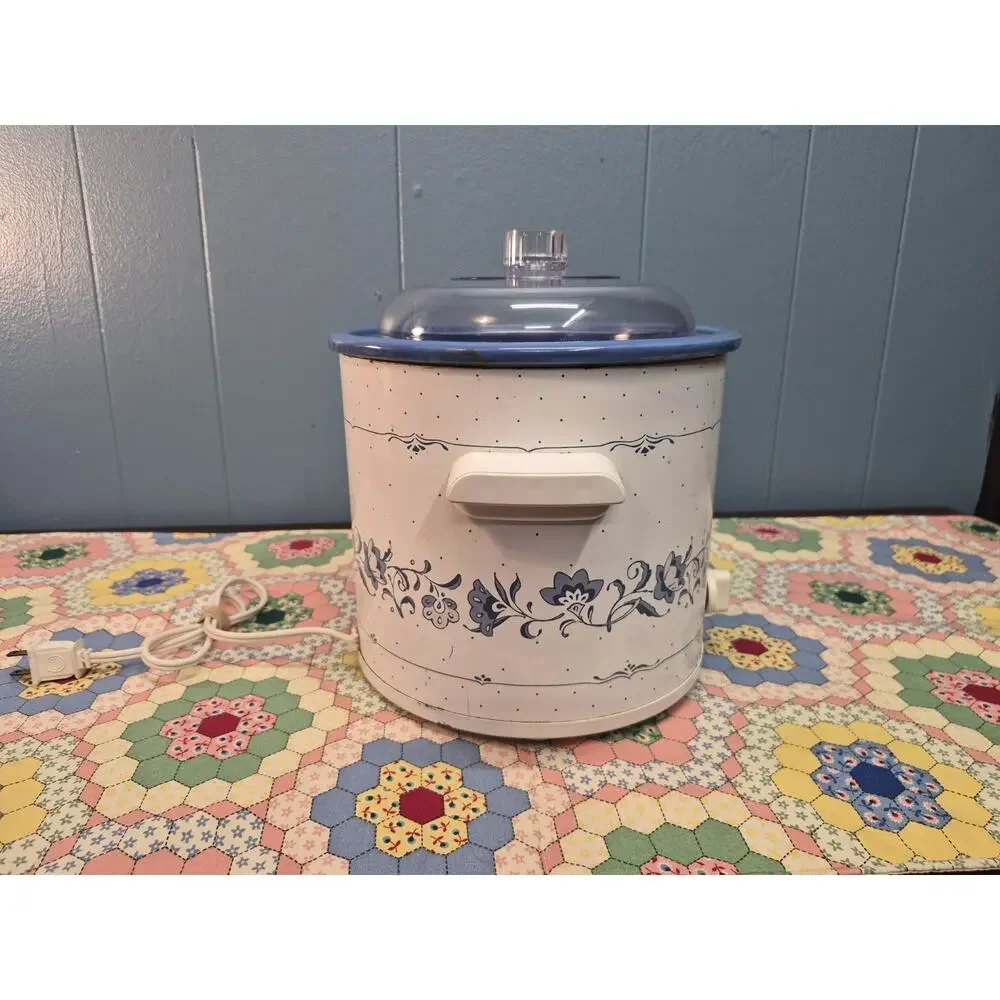 Vintage Rival Crock Pot Stoneware Slow Cooker 3.5qt Blue Floral #3100 Tested